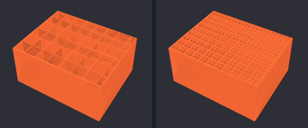 The same house stopped at layer 70, twice. On the left, at 20% infill, the inside is an open grid of square cells about 4 millimeters across. On the right, at 60% infill, the grid is so fine it looks almost solid.