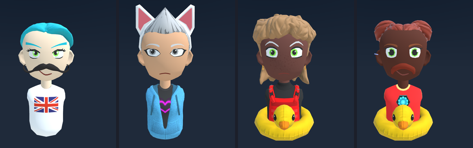 Four cartoon 3D characters side by side: one with bright blue hair, a curled mustache and a flag T-shirt; one with gray hair, cat-ear headband and a blue hoodie; one with blond curly hair, freckles and a red vest over a rubber duck float; and one with red hair buns, a beard and a glowing chest emblem.