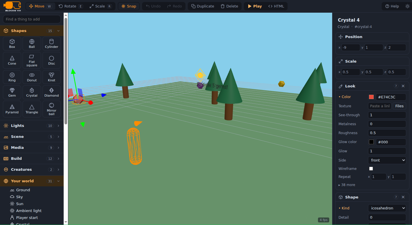 The BlocksVR editor with one crystal selected. Colored move arrows sit on the crystal in the 3D view, and the right panel shows Crystal 4 with its position, its scale, its look (color #E74C3C, roughness, glow) and its shape, an icosahedron. The guide bar explains the crystal's program: spin, bob, and when the player gets close, add a point and vanish.