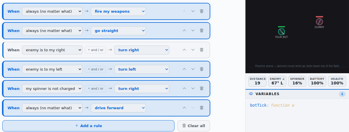 The Brain tab: six rule cards reading When always, fire my weapons; When always, go straight; When enemy is to my right, turn right; When enemy is to my left, turn left; When my spinner is not charged, turn right; When always, drive forward. Beside them a practice arena with the bot and a dummy, and live readouts for distance, enemy angle, spinner charge, battery and health.