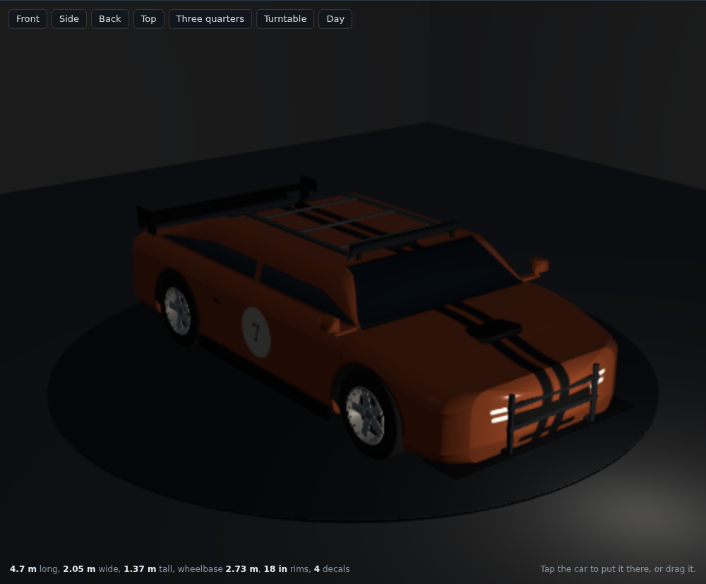 The same supercar at night, seen from three quarters: the stage is dark, the slim headlights glow white and throw a pool of light on the floor in front of the car, the taillights are not in view, and the center stripes, the wing, the rack and the door number still read on the body.