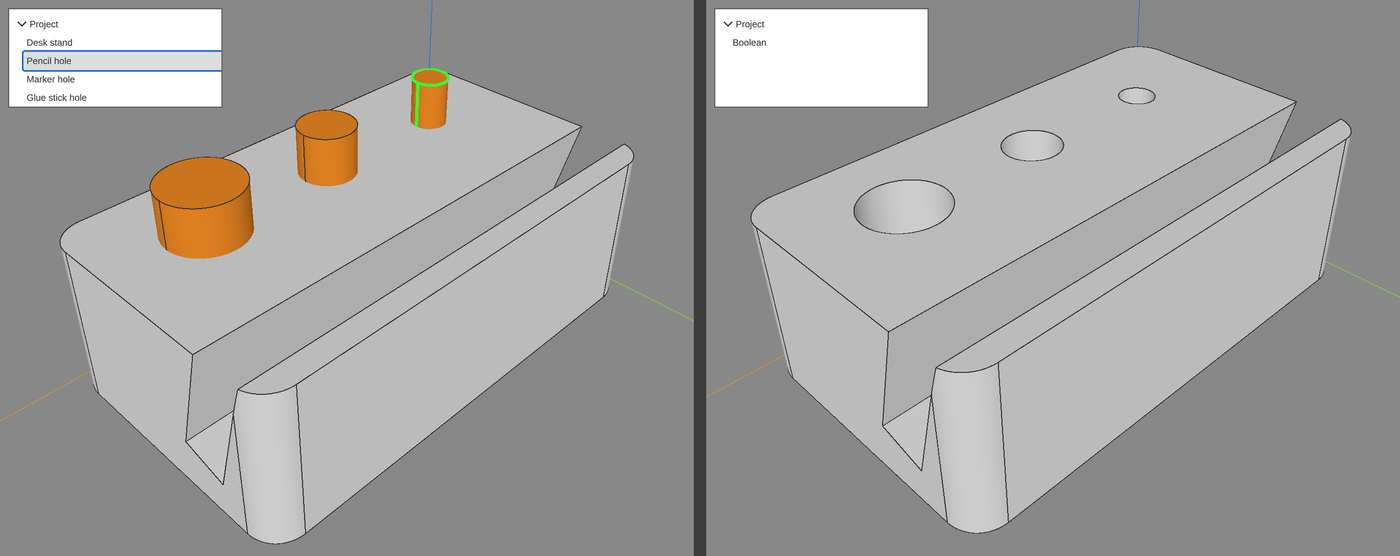The desk stand twice, from the same angle. On the left, before the cut: the gray block with three orange cylinders standing in it, the smallest one selected, and the Items list showing Desk stand, Pencil hole, Marker hole and Glue stick hole. On the right, after Cut: three round holes of different sizes in the top of the block, no orange cylinders, and the Items list showing a single item named Boolean.