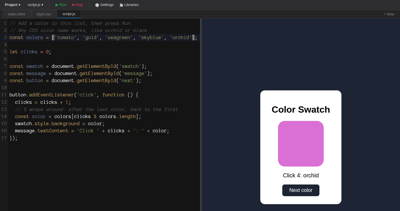 The script.js tab after one change on line 3: the list now reads 'tomato', 'gold', 'seagreen', 'skyblue', 'orchid'. Beside the code, the running page shows the square in orchid purple and the line Click 4: orchid.