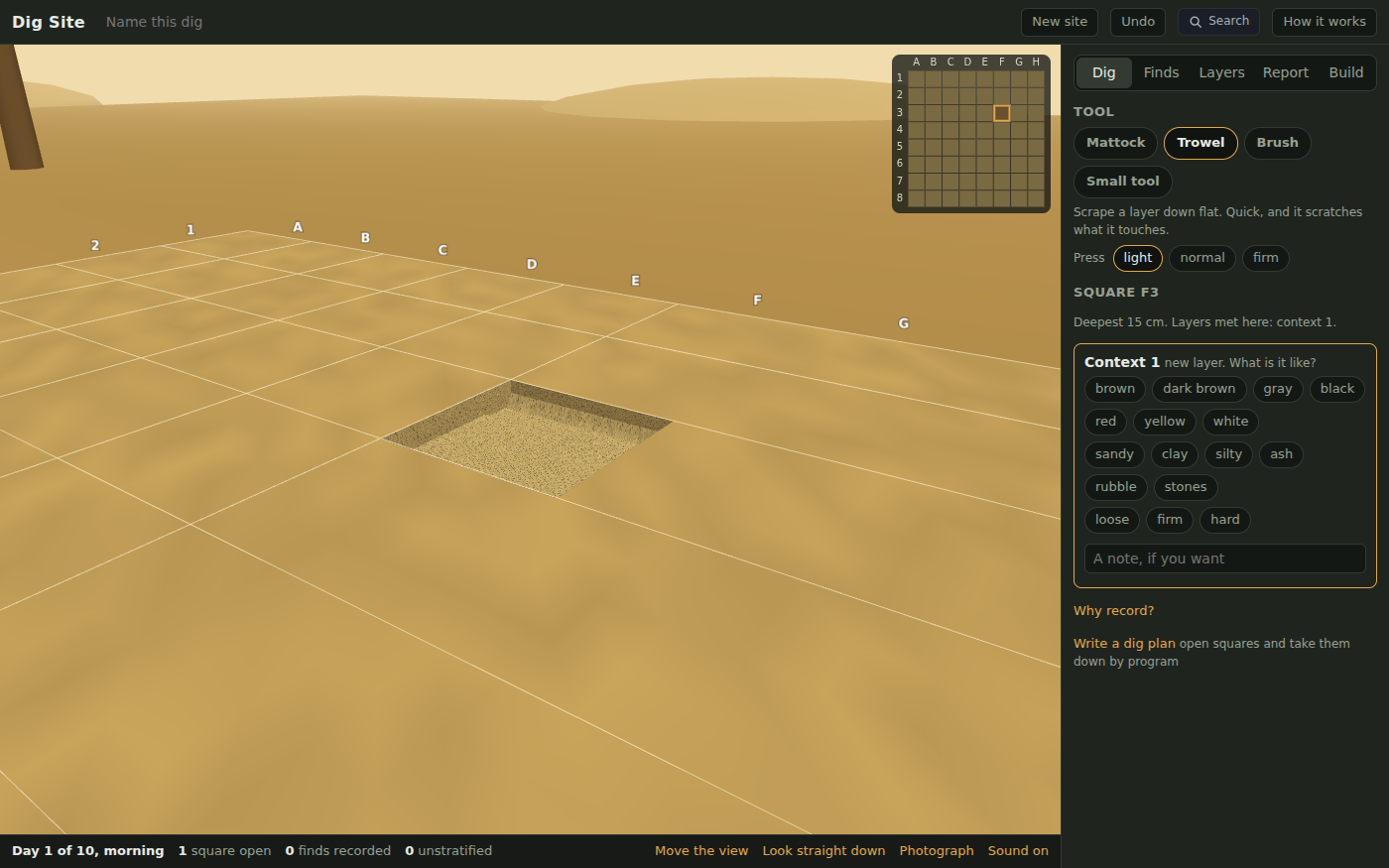 The Desert Workshop on its first morning: a sandy site under a warm sky with dunes on the horizon and a palm trunk at the left edge, one square open and taken down a little, the site grid drawn on the sand with its letters and numbers, and the Dig tab beside it with the four tools, the square's record sheet and the plan at the top right.