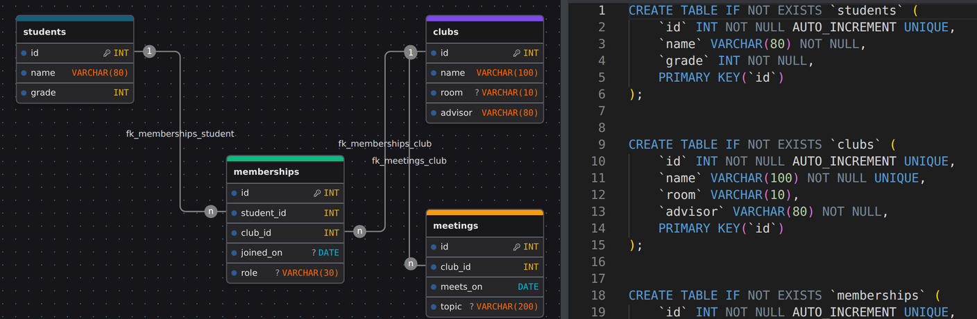 Left: the school clubs diagram, with students, clubs, memberships and meetings tables joined by lines marked 1 and n. Right: the MySQL the designer exported from it, starting CREATE TABLE IF NOT EXISTS students with id INT NOT NULL AUTO_INCREMENT UNIQUE, name VARCHAR(80) NOT NULL, grade INT NOT NULL and PRIMARY KEY(id), then the same for clubs and memberships.