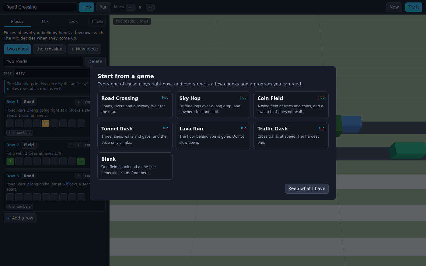 Start from a game: six cards, Road Crossing, Sky Hop and Coin Field marked hop, Tunnel Rush, Lava Run and Traffic Dash marked run, each with a line about it, Traffic Dash called the hardest one, and a Blank card. A note says every one plays right now and is a few chunks and a program you can read.