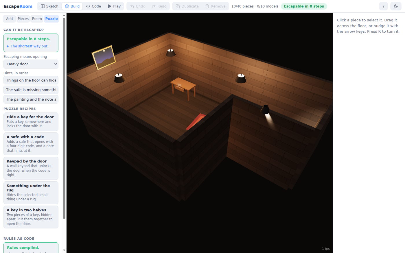 The Puzzle tab beside the same room. Can it be escaped? Escapable in 8 steps, with a line to open The shortest way out. Escaping means opening the heavy door. Hints in order: things on the floor can hide, the safe is missing something, the painting and the note. Puzzle recipes: Hide a key for the door, A safe with a code, Keypad by the door, Something under the rug, A key in two halves. Below them, Rules as code, compiled.
