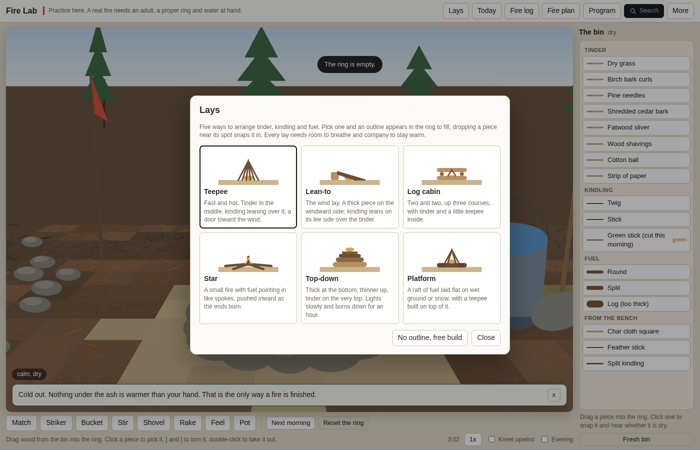 The five lays as a row of pictures: a teepee of kindling leaning over tinder with a door toward the wind; a lean-to with a thick piece on the windward side and kindling leaning on its lee; a log cabin, two and two up three courses with tinder inside; a star with fuel pointing in like spokes; a top-down with thick wood at the bottom and tinder on top.