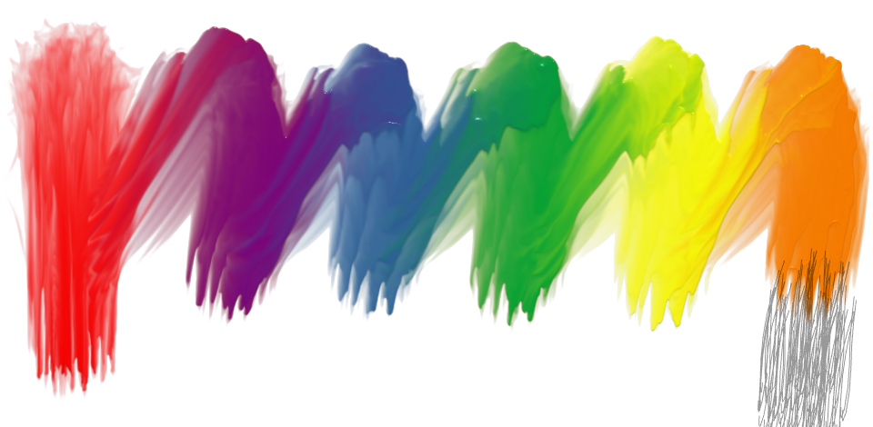 Six vertical brush strokes in red, purple, blue, green, yellow and orange, each with ragged bristle marks at its edges and a smeared trail joining it to the next stroke, so the colors blend where they meet.