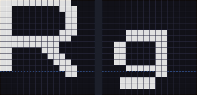 Two letters from the starter font on their 16 by 16 grids, side by side. The R stands on a dashed blue line near the bottom of the grid, with only the tip of its leg dipping one row below. The lowercase g sits on the same line, and its tail hangs three rows below it.