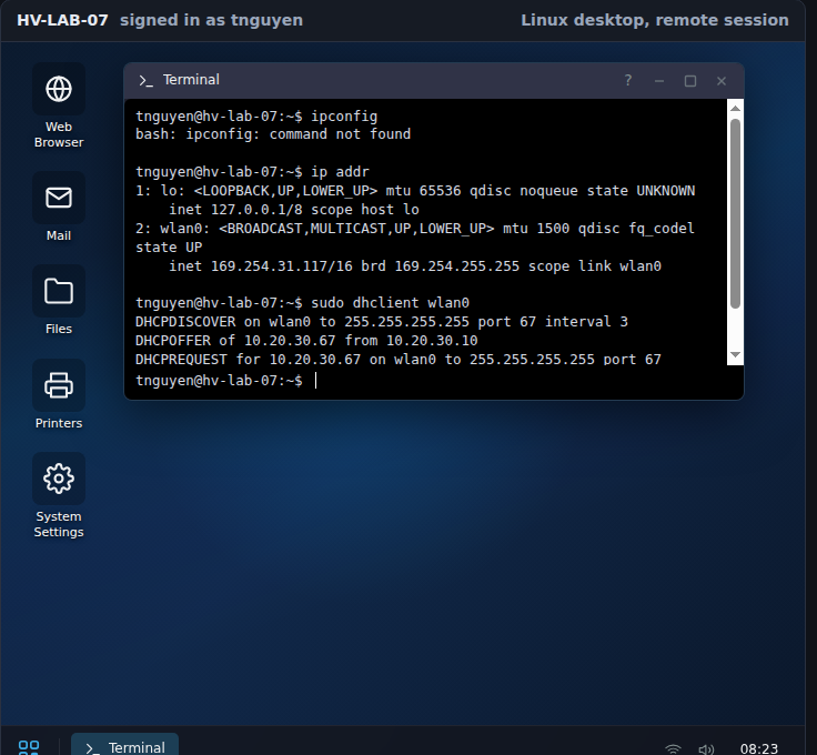 A Terminal window on the math teacher's Linux laptop. The student typed ipconfig and got: bash: ipconfig: command not found. Then ip addr, which lists wlan0 with inet 169.254.31.117/16 scope link. Then sudo dhclient wlan0, which prints DHCPDISCOVER, DHCPOFFER of 10.20.30.67 from 10.20.30.10 and DHCPREQUEST.