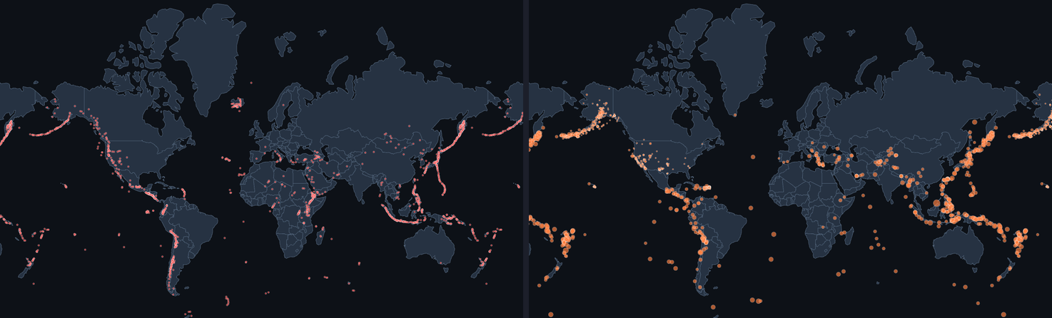Two world maps side by side. On the left, red dots mark about 1,400 volcanoes; on the right, orange dots mark 1,500 earthquakes from a single month. Both sets trace the same lines: around the edge of the Pacific, down the west coast of the Americas, and through Indonesia and Japan.