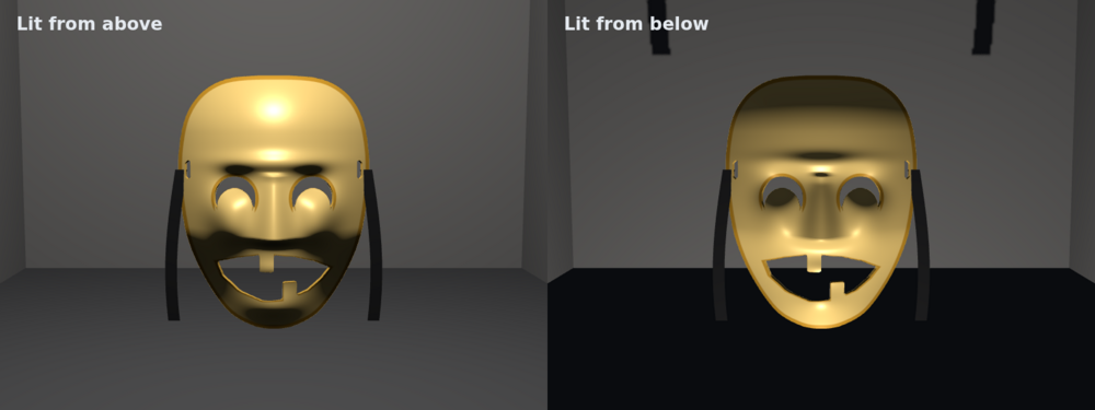 The same gold comedy mask twice on a dark stage: on the left lit from above, calm, the eye holes in shadow; on the right lit from below, the brows and cheeks throwing shadows upward.