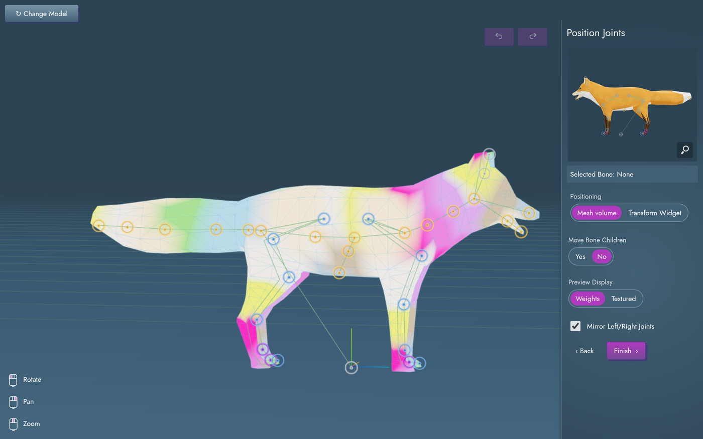 The fox seen from the side in the Position Joints step with Preview Display set to Weights. Instead of its orange texture the body is washed in soft patches of color, pink, yellow, green and blue, with a thin wireframe over them. Round joint markers joined by thin lines run inside the body from the tail to the nose and down each leg. The panel on the right shows a small textured preview of the fox, Selected Bone: None, Positioning set to Mesh volume, Move Bone Children set to No, Preview Display set to Weights, Mirror Left/Right Joints checked, and Back and Finish buttons.