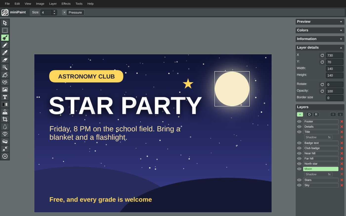 miniPaint with the Moon layer selected. On the poster, the pale moon has a selection box around it and a soft glow spreading past its edge. In the Layers panel on the right, the layers are listed from Footer at the top down to Sky at the bottom, Moon is highlighted, and a line reading Shadow sits under Moon and another under Title. Layer details shows the moon's x, y, width, height, rotation and opacity as numbers.