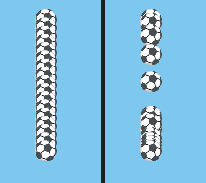 Two columns of soccer balls on a blue background, each showing the same drop, with one ball drawn every eighth of a second. On the left, with linear easing, the balls are evenly spaced from top to bottom. On the right, with bounce easing, the balls start close together at the top, spread apart as they speed up, and bunch up again at the bottom where the ball bounces.