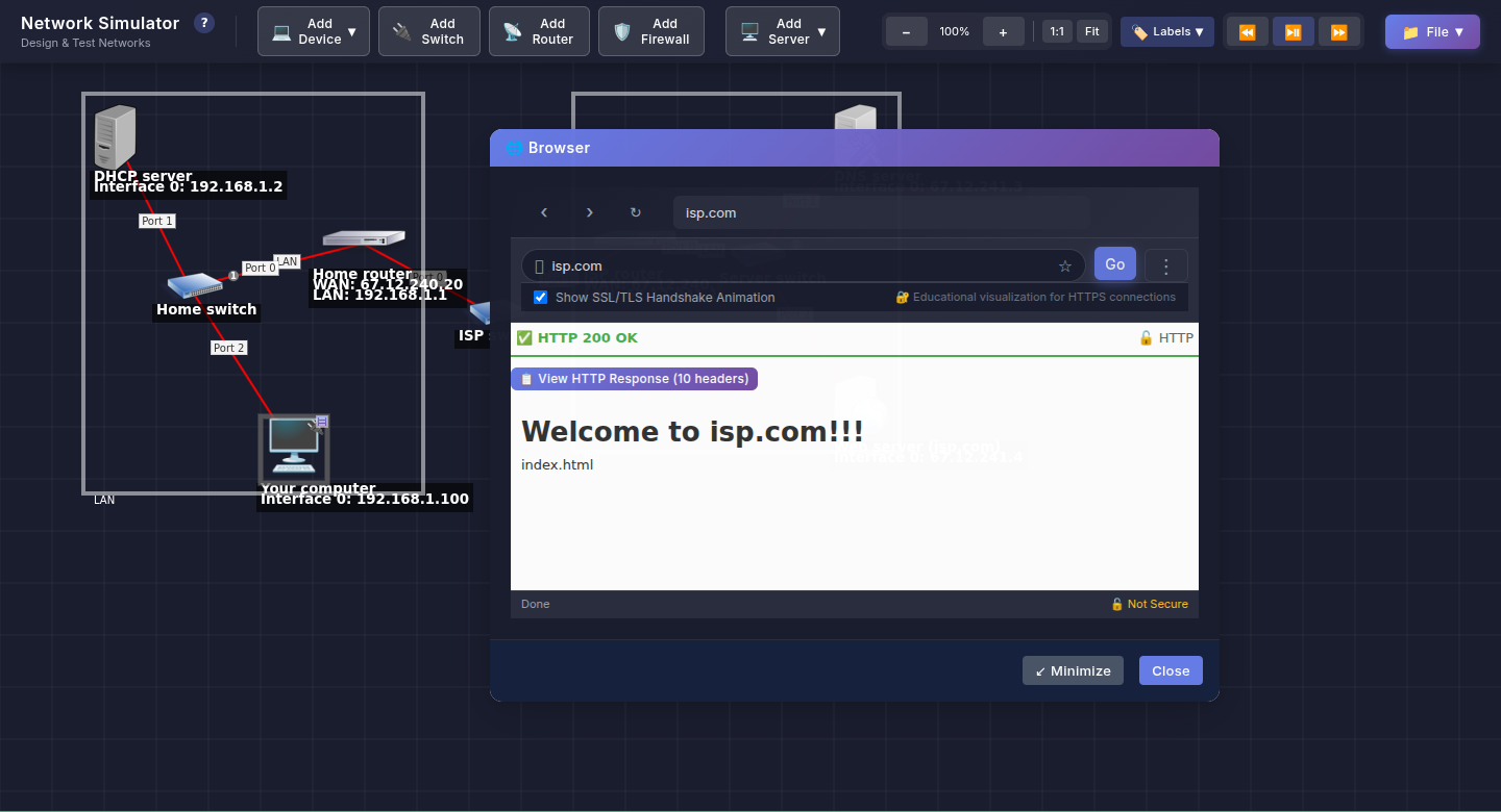 The simulator with its web browser window open over the network. The address bar reads isp.com, the status reads HTTP 200 OK, and the page says Welcome to isp.com. Behind it, Your computer now shows the address 192.168.1.100, and the guide bar explains that DHCP, DNS and HTTP each played a part.