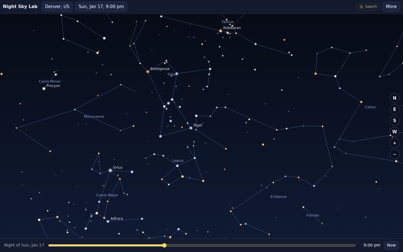 A January evening at 9 pm facing south with constellation lines and names on: Orion high in the middle with red Betelgeuse and blue-white Rigel labeled, Taurus and Aldebaran above it, Sirius and Canis Major below to the left, Procyon in Canis Minor, Lepus under Orion's feet, and Eridanus winding to the right toward Cetus.