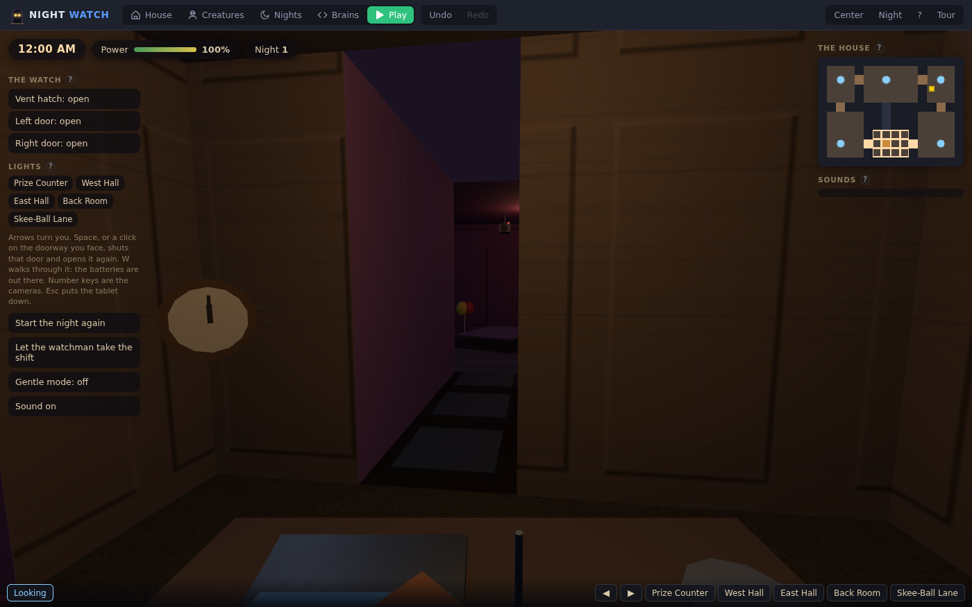 The Play tab at 12:00 AM on night 1, power at 100 percent. The view from inside the arcade: a dim doorway down a wood-paneled corridor, a clock on the wall, a desk with a tablet in the foreground. On the left, The watch: the vent hatch, left door and right door, all open; light buttons for five rooms; Start the night again; Let the watchman take the shift; Gentle mode: off; Sound on. On the right, a map of the house with the cameras as dots, and along the bottom one button for each camera: Prize Counter, West Hall, East Hall, Back Room, Skee-Ball Lane.