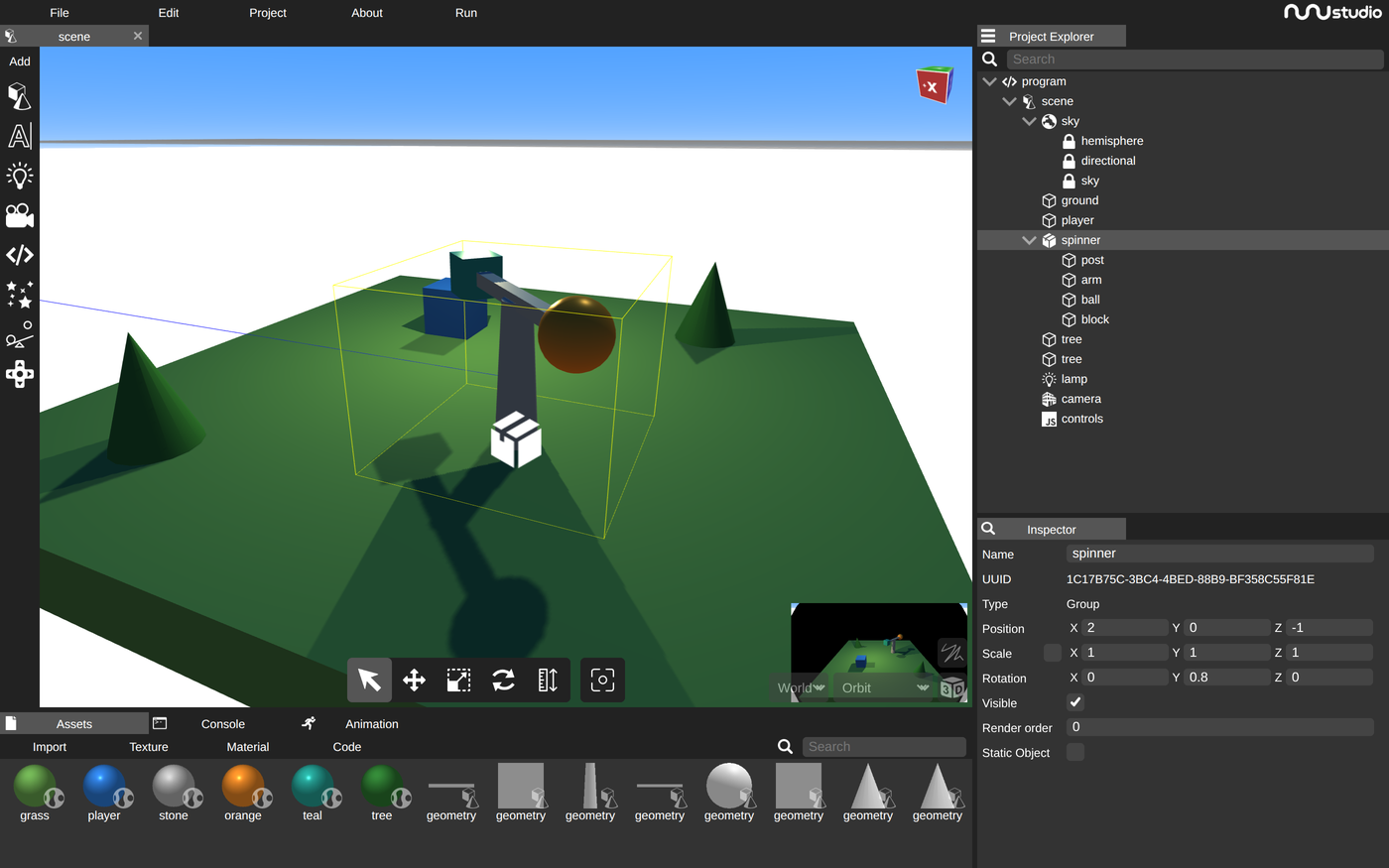 The starter scene with spinner selected. In the Project Explorer, spinner is highlighted and post, arm, ball and block are indented beneath it. In the Inspector, spinner's Rotation has 0.8 in the middle box. In the scene view, the post, the crossbar, the orange ball and the teal block have all turned together, so the bar now points diagonally across the grass.