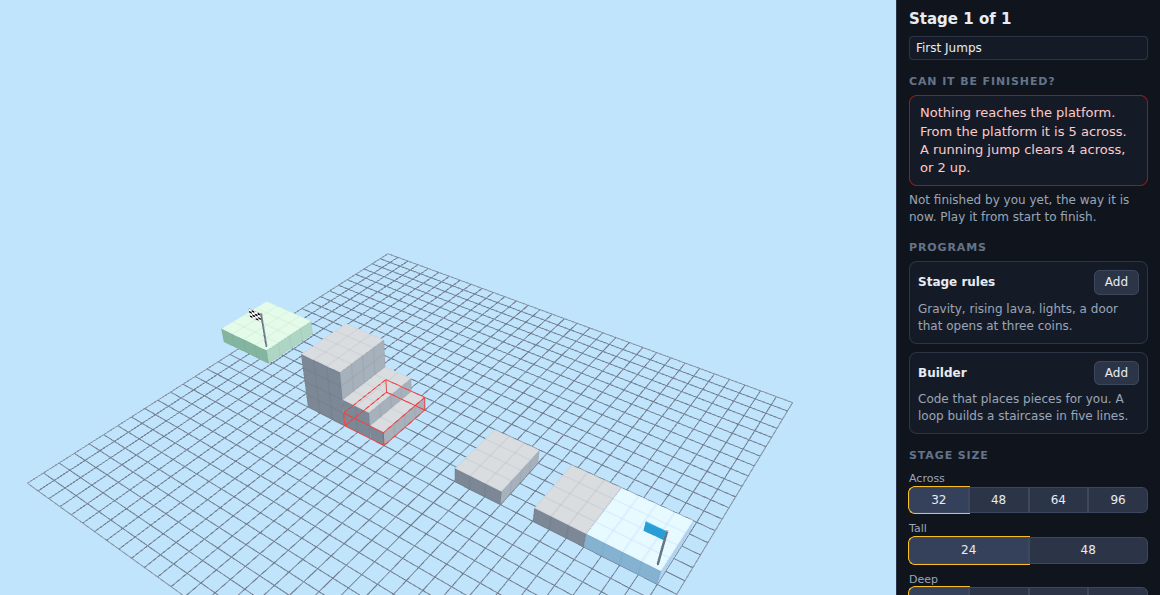 The First Jumps stage with one ledge moved a block further, outlined in red. The panel on the right, in red, reads: Nothing reaches the platform. From the platform it is 5 across. A running jump clears 4 across, or 2 up.
