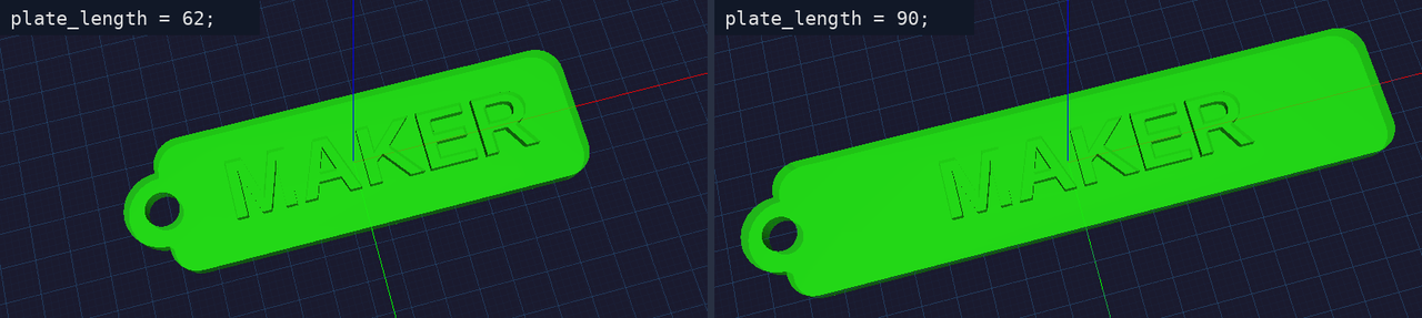 The keychain twice, seen from the same angle. On the left, labeled plate_length = 62: a green plate with rounded corners, a round tab with a key ring hole at the left end, and the raised word MAKER. On the right, labeled plate_length = 90: the same code with only that number changed. The plate is much longer, the corners are still round, the hole is still in its tab and MAKER is still centered.