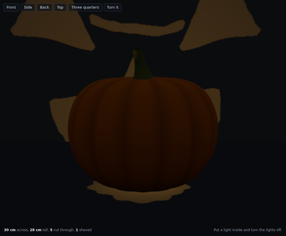 The same pumpkin at night, seen from behind: the stage is dark, the candle inside lights the wall in front of the pumpkin, and the eyes, the nose and the grin land on that wall as big patches of orange light.