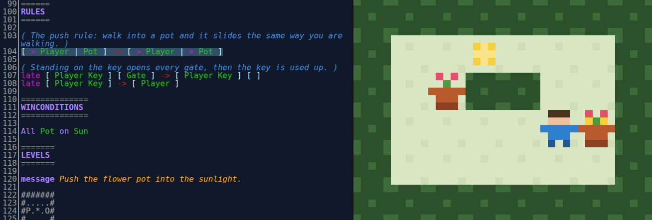 The RULES section of Greenhouse Shuffle beside the second level being played. The highlighted line reads: [ > Player | Pot ] -> [ > Player | > Pot ]. In the game on the right, the player has just pushed one flower pot onto a patch of sunlight; the other pot and its patch of sunlight are still apart.