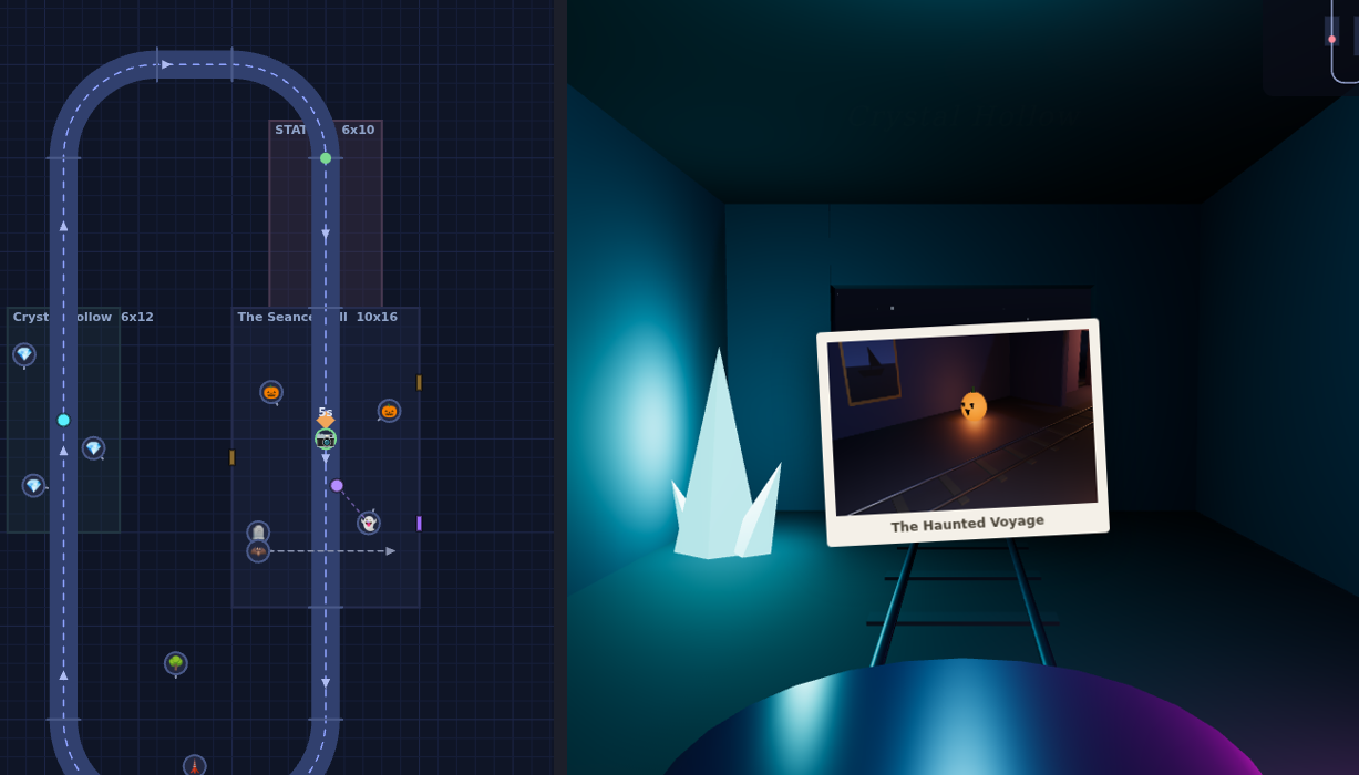 Two views of The Haunted Voyage. On the left, the floor plan from above: a long oval of track passing through a station, a room called The Seance Hall with pumpkin, ghost and camera markers, and a room called Crystal Hollow with crystal markers. On the right, the rider's view inside Crystal Hollow: teal walls, a glowing crystal beside the track, and the ride photo the camera took earlier held up in front of the rider.
