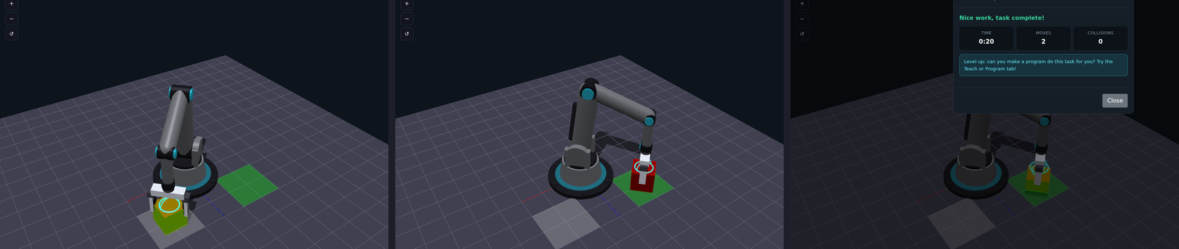 Three frames of the arm doing its first task. First, the arm reaches down and closes its gripper on the red cube in the pale starting square. Second, it has swung around and is holding the cube above the green square. Third, the cube sits on the green square and a Task Complete panel reports two moves and zero collisions.