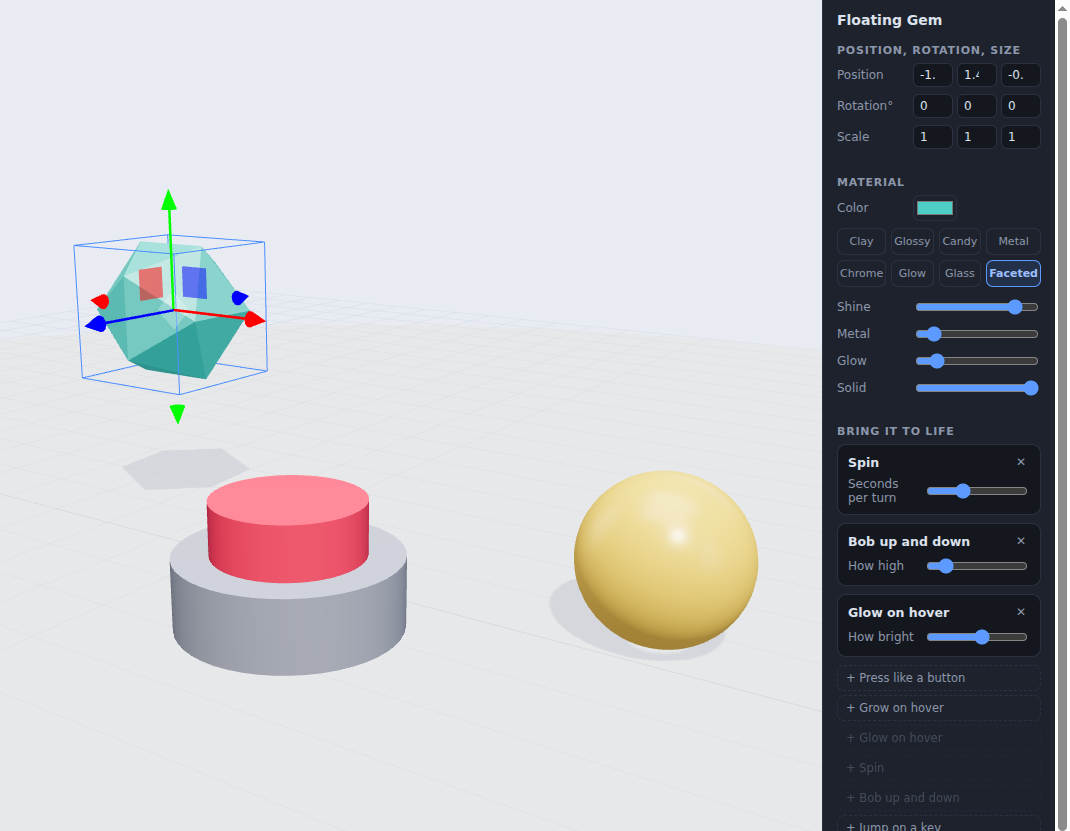 SceneMaker with the floating gem selected: colored move arrows around it in the scene, and on the right its material settings with finishes such as Glass, Chrome and Faceted, then a section called Bring it to life listing three rules, Spin, Bob up and down, and Glow on hover, each with a slider, above buttons to add more like Press like a button and Jump on a key.