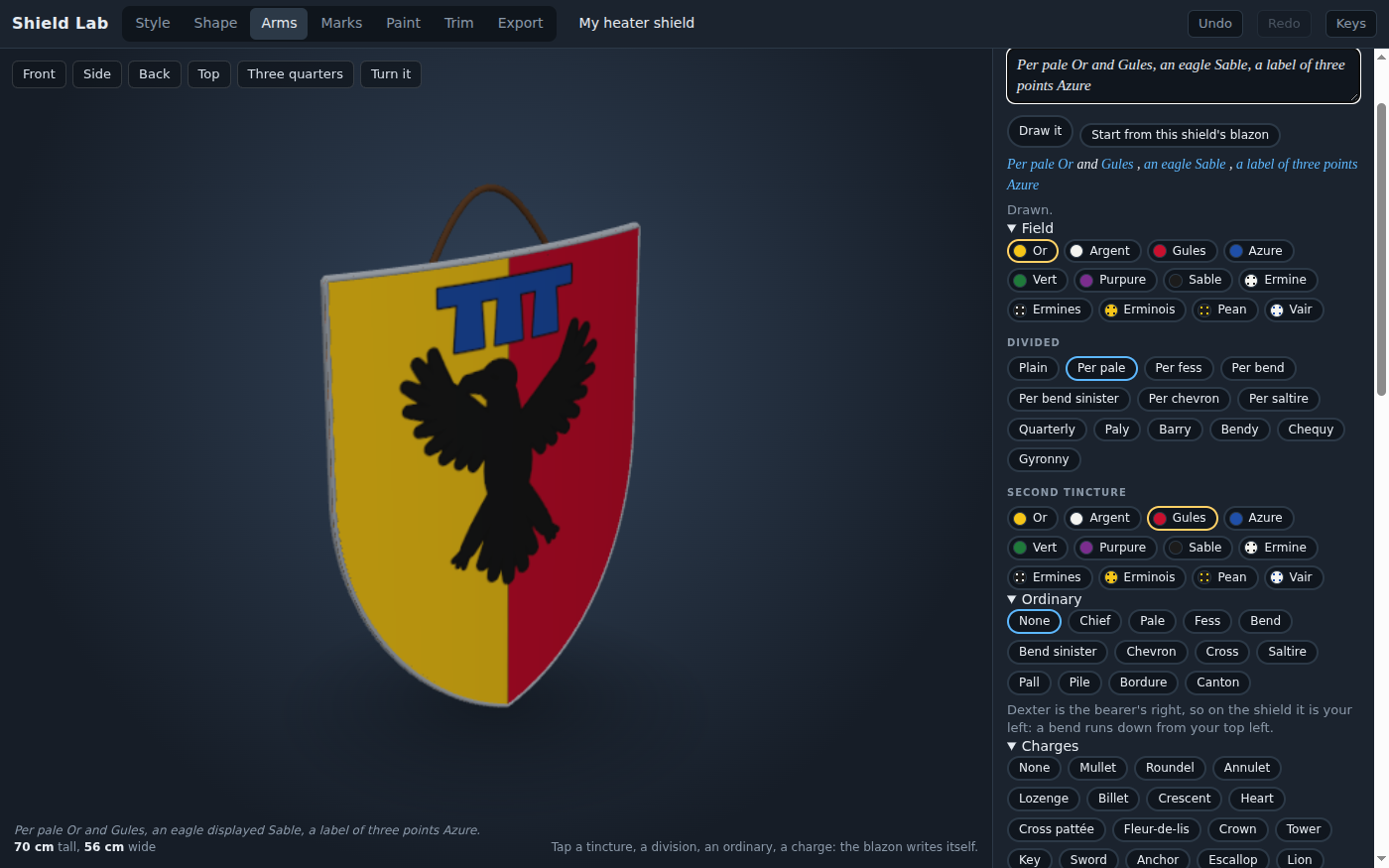 A shield divided down the middle, gold on the left and red on the right, with a black eagle with spread wings and a blue label across the top. On the right, the typed blazon. Under it, the same words colored blue where the lab understood them.