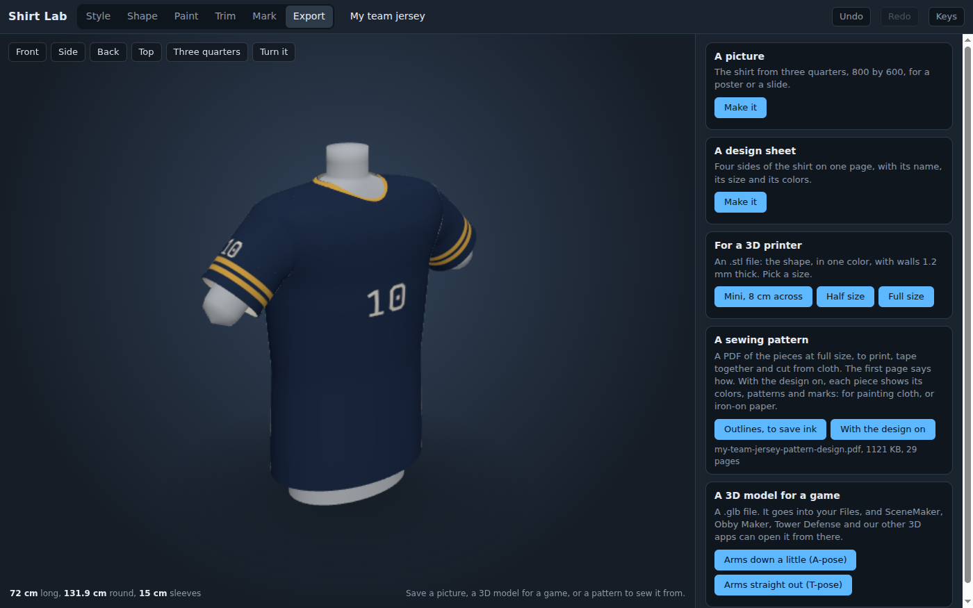 A football jersey called My team jersey on the Export bench, navy with gold stripes on the sleeves, a number 10 on the front and on each sleeve. Five ways to take it out of the lab: a picture, a design sheet, a file for a 3D printer, a sewing pattern and a 3D model for a game. Under A sewing pattern, With the design on has been pressed and the result reads: my-team-jersey-pattern-design.pdf, 1121 KB, 29 pages. The game model can be saved with the arms down a little or straight out.