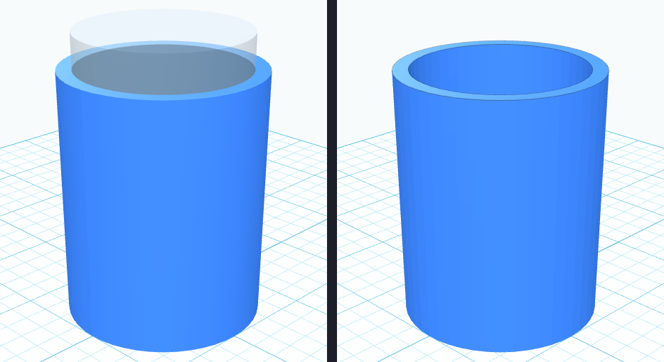 The pencil cup twice. On the left, before grouping: a solid blue cylinder with a translucent grey hole cylinder sitting inside it and sticking out of the top. On the right, after grouping: the same blue cylinder, now hollow, with a thin rim around an open top.