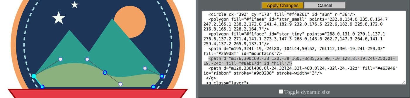 Two views of the light green hill from the badge. On the left, in the editor, the hill is open for point editing: small circles mark the points along its outline, and thin lines run from the points to round control handles above and below the curve. On the right, the Edit Source box with the hill's line highlighted: a path with id="hill" whose d attribute starts m176,300c60,-38 120,-38 160,-8.