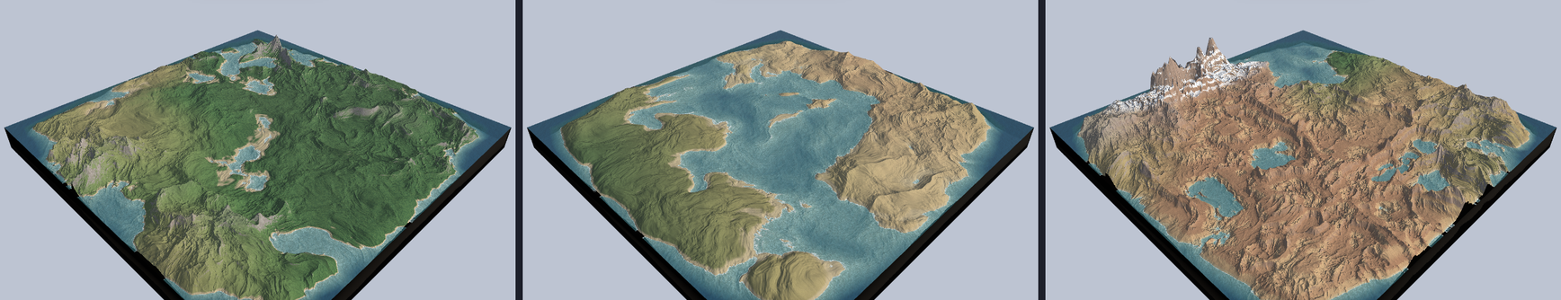 Three islands side by side, each on a square tile, all made with the same settings. The first is green and forested with a chain of lakes and one grey peak. The second is two tan landmasses around a wide blue bay. The third is dry brown rock with scattered lakes and a snowy mountain range at the back.
