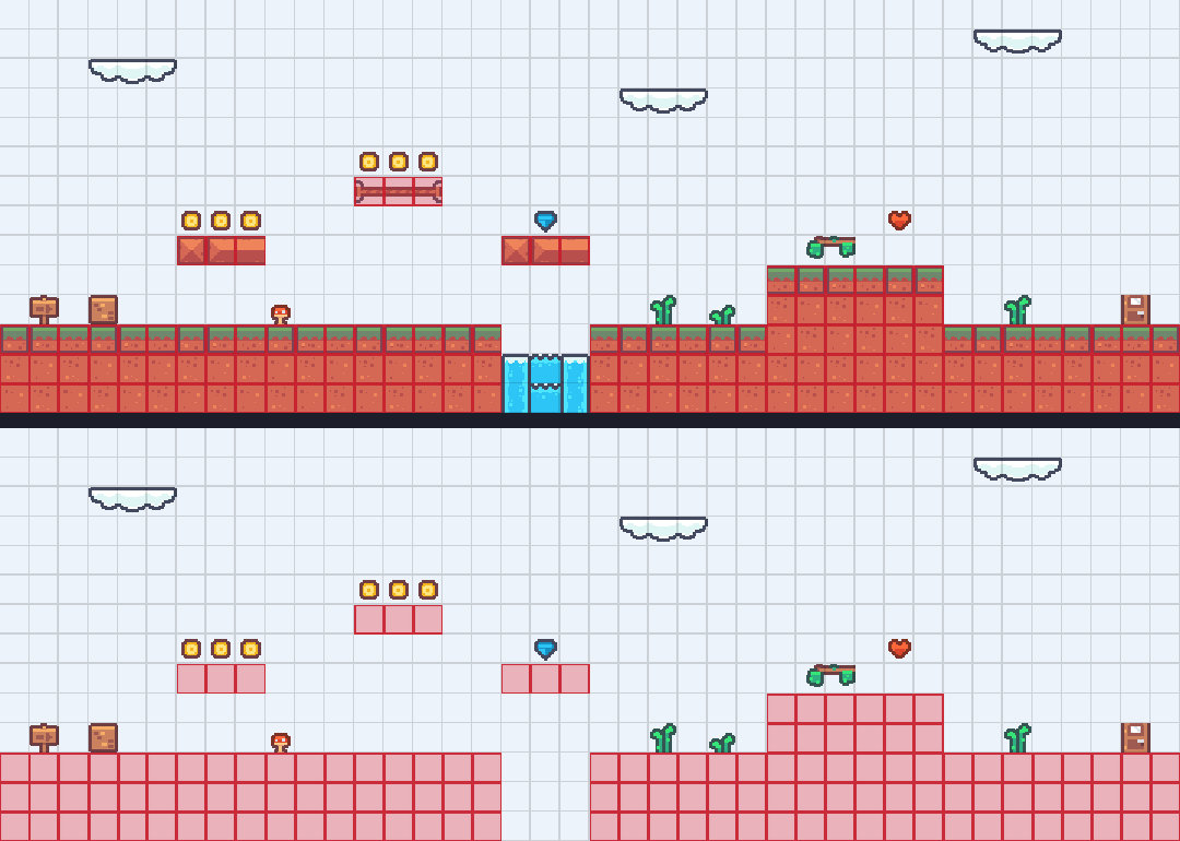 Grassy Hills twice. Above, the full level: grassy earth, water in a gap, brick platforms, coins, a gem, a heart, clouds and plants. Below, the same level with the Ground layer hidden: the coins, gem, heart, clouds and plants are still there, and pink squares sit wherever the earth and platforms were.