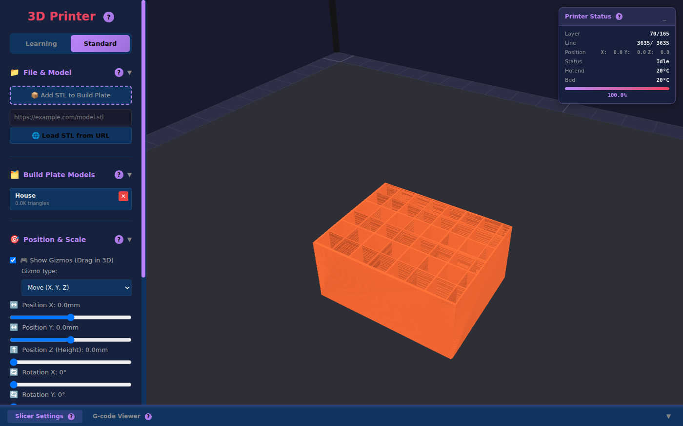 The 3D Printer Simulator with a house printed partway up its walls: an orange block on the build plate, open at the top, with a grid of thin walls inside it. The Printer Status panel reads layer 70 of 165, and the left panel lists the house under Build Plate Models with sliders for position and rotation.