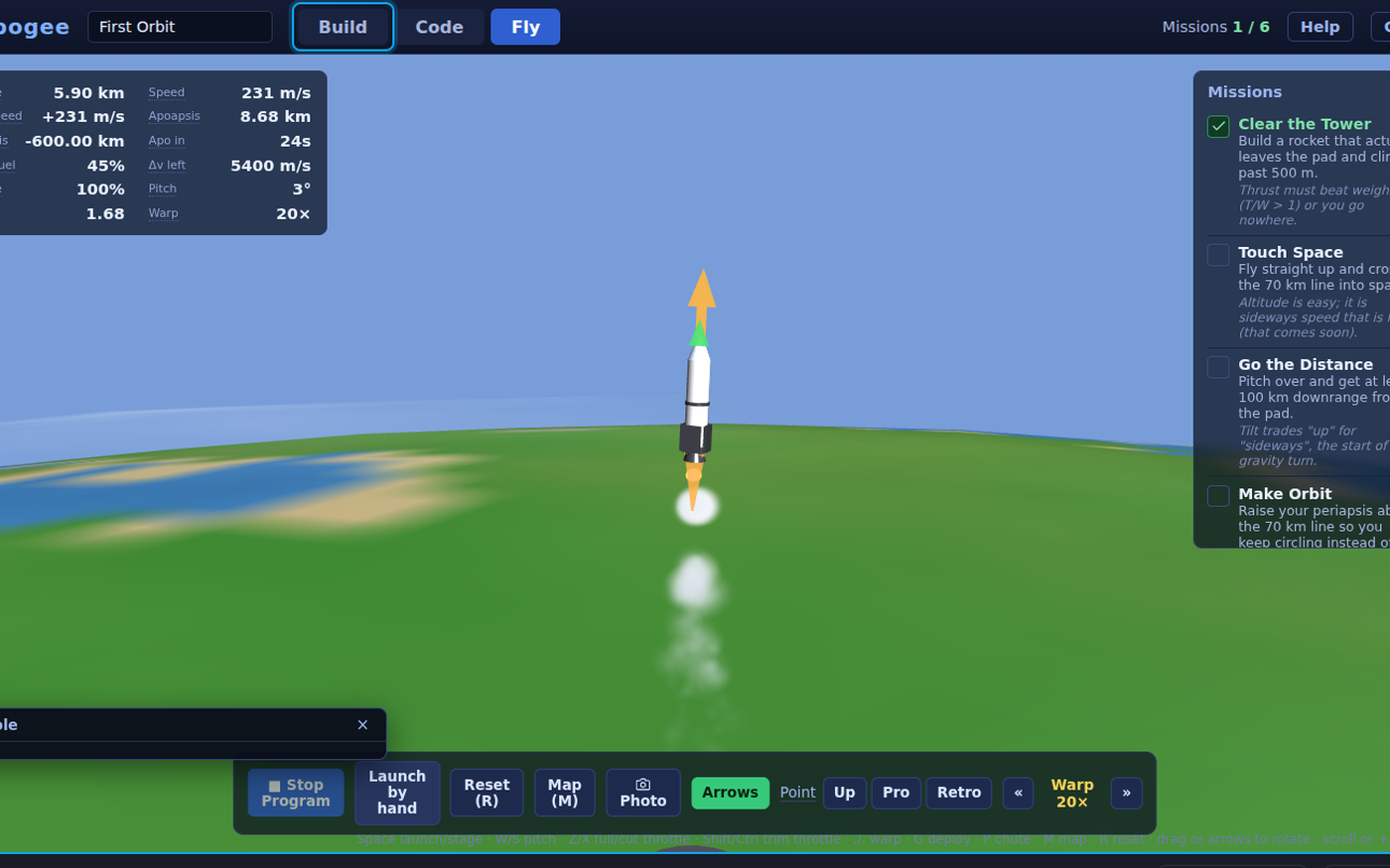 Apogee's 3D flight view: a white two-stage rocket climbing over a curved green and blue planet with a trail of exhaust below it, an amber arrow for its nose and a green one for its motion. The flight panel reads altitude 5.90 km, speed 231 m/s, warp 20x, and a Missions list on the right has Clear the Tower ticked.