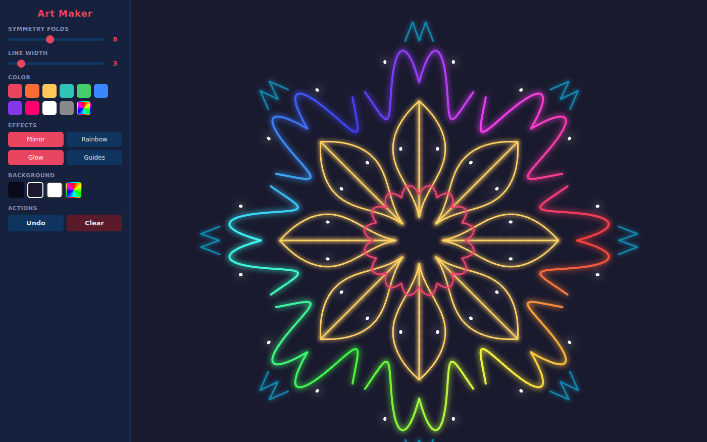 Art Maker with a glowing neon mandala on a dark navy background: eight gold leaf-shaped petals around a pink scalloped center, surrounded by a ring of rainbow-colored wavy loops, small white dots and blue zigzags. The left toolbar has sliders for Symmetry Folds and Line Width, color swatches, and buttons for Mirror, Rainbow, Glow and Guides.