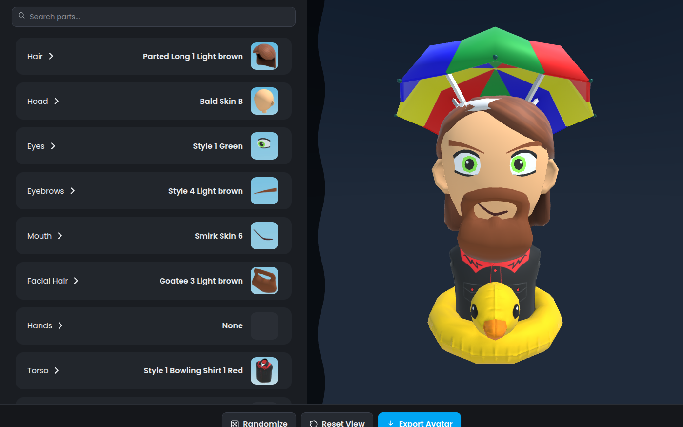 Avatar Maker showing a cartoon 3D character with long brown hair, a full beard, green eyes and a smirk, wearing a rainbow umbrella hat, a red and black bowling shirt and a yellow rubber duck float. The left panel lists parts by category, Hair, Head, Eyes, Eyebrows, Mouth, Facial Hair, Hands and Torso, each with its current choice and a thumbnail.