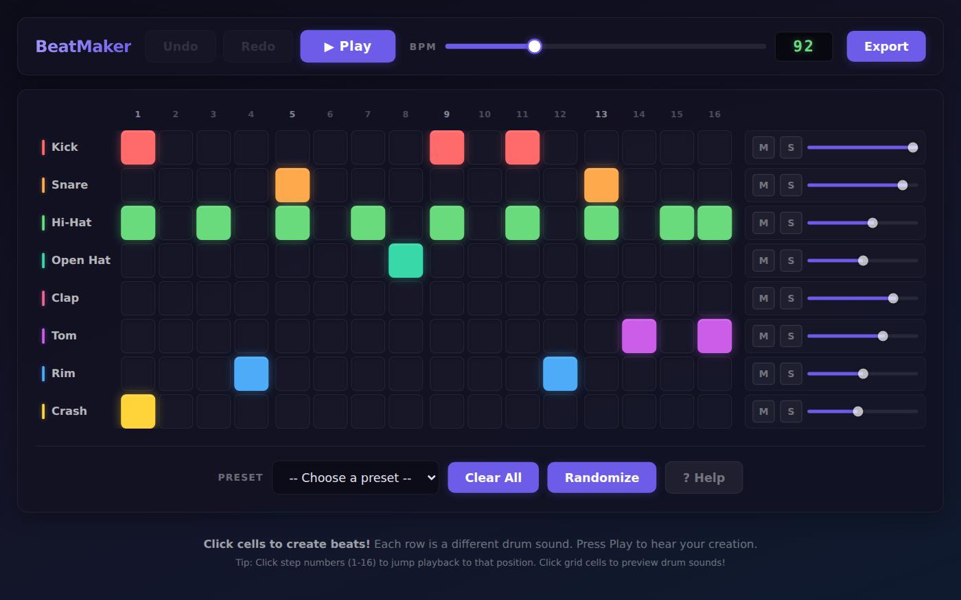 BeatMaker with a starter beat loaded: eight drum rows from Kick to Crash across sixteen steps, with colored squares where each drum hits, a Play button, and the tempo set to 92 BPM.