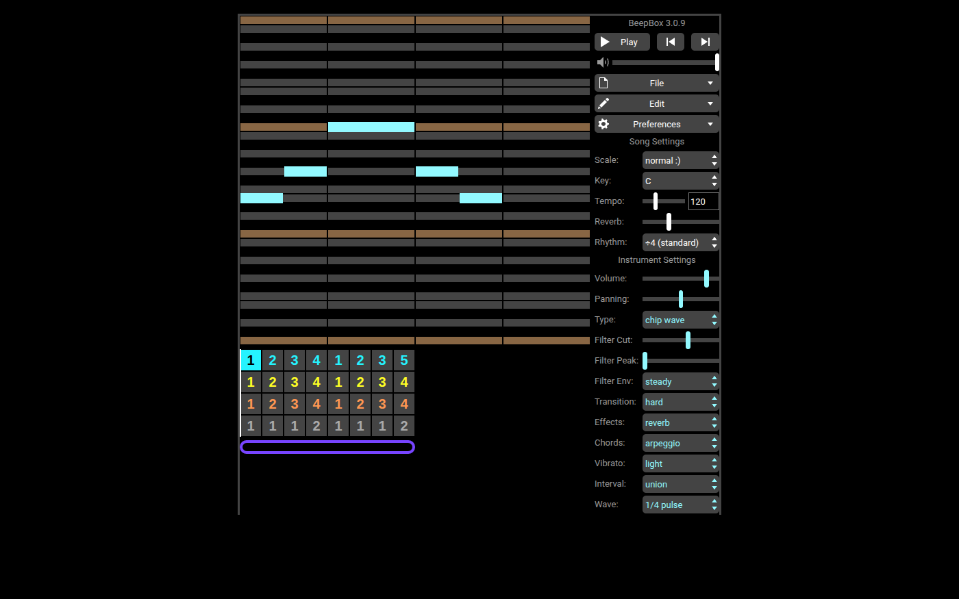The BeepBox editor in its dark theme, a column in the middle of a black page, with the starter song loaded. At the top left is the note grid for bar 1 of the melody: gray rows for the seven notes of C major, dark gaps where the sharps and flats would be, and brown rows marking C. Five pale cyan notes rise from E to a long C and fall back to E, and the last beat of the bar is empty. Below the grid is the song, four rows of numbered boxes eight bars wide. The melody row, in cyan, reads 1 2 3 4 1 2 3 5. The chord row in yellow and the bass row in orange read 1 2 3 4 1 2 3 4, and the gray drum row reads 1 1 1 2 1 1 1 2. Down the right side are the label BeepBox 3.0.9, the play button and volume slider, the File, Edit and Preferences menus, Song Settings with the scale, key, tempo, reverb and rhythm, and Instrument Settings for the melody's sound.