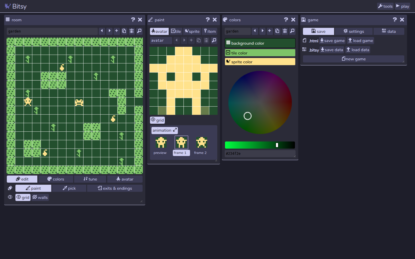 The Bitsy editor with The Seed Garden loaded. The room panel shows a garden in dark green with a light green hedge around the edge and a few hedge blocks inside, small flowers, a frog in the middle, three yellow seeds and the player in a sun hat on the left. A gap in the hedge on the right side leads out. Beside it are the paint panel with a drawing on an 8 by 8 grid, the colors panel and the game panel. Tools and play buttons sit across the top.