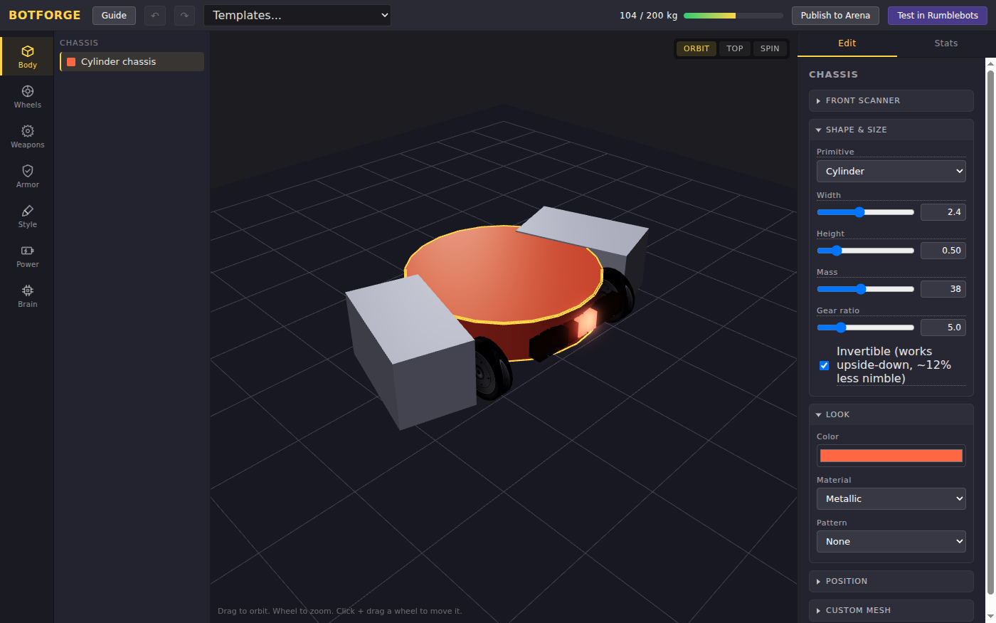 BotForge's 3D editor with a spinner bot: a round orange body on four wheels with two grey wedge plates, a weight meter reading 104 of 200 kg, Test in Rumblebots in the top corner, and the body settings panel on the right.