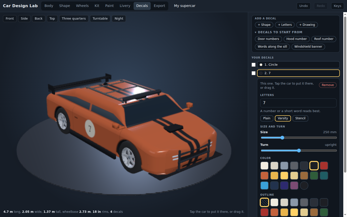 Car Design Lab's Decals bench with an orange supercar in 3D on a round gray turntable, seen from three quarters: two black center stripes over the hood and roof, a rear wing on stands, a roof rack with a light bar, a bull bar in front of the grille, a hood scoop, side skirts, five-spoke rims, and a white roundel with a 7 on the door. Buttons above it turn the view, spin the turntable and switch to night. On the right, the decals to start from, the list of the car's decals, and the picked number's letters, face, size, turn and color.