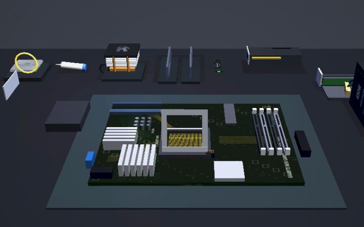 PC Workshop's 3D bench with a motherboard in the middle and the parts laid out along the top: a processor, thermal paste, a cooler, memory, a graphics card and a drive.