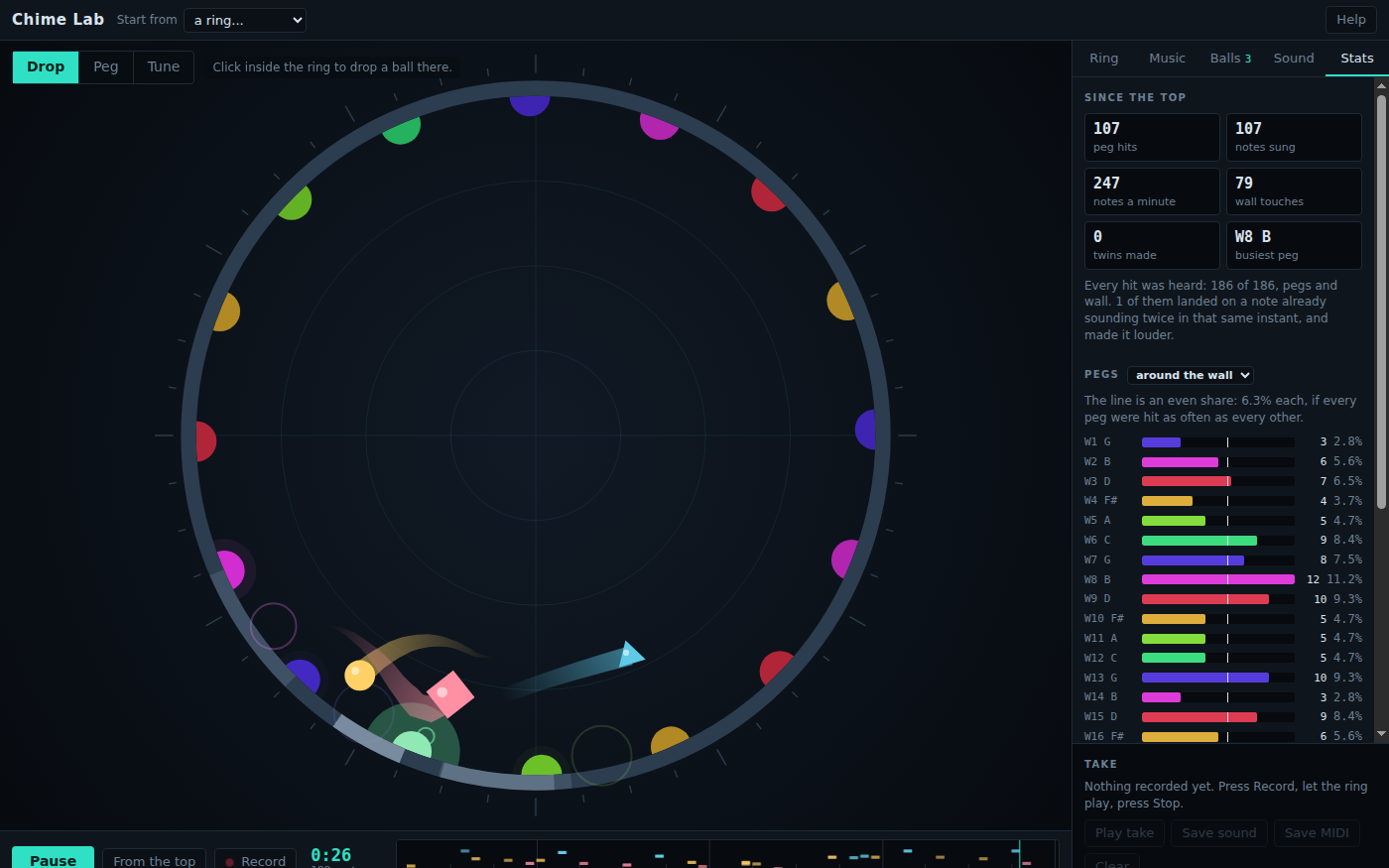 Chime Lab playing: a dark ring edged with colored half-circle pegs, three balls bouncing near the bottom with fading trails, and a timer reading 0:26 over a strip of recent notes. The Stats panel on the right counts 107 peg hits and lists each peg with its note and how often it was hit.