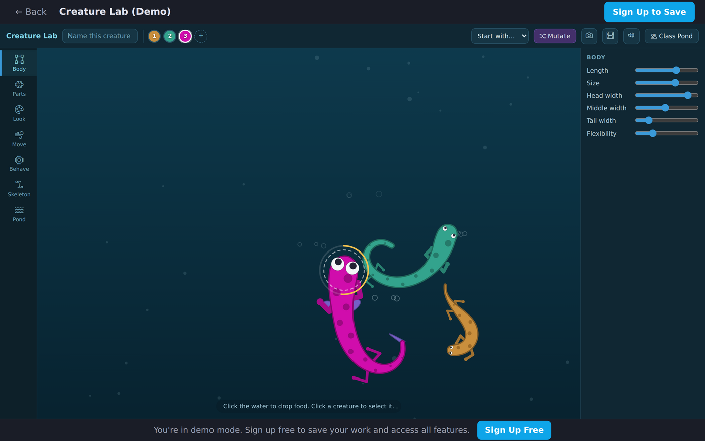 Creature Lab running: three creatures, a pink lizard, a green snake, and an orange newt, swimming in a dark tank, with body sliders on the right and a tool rail on the left.