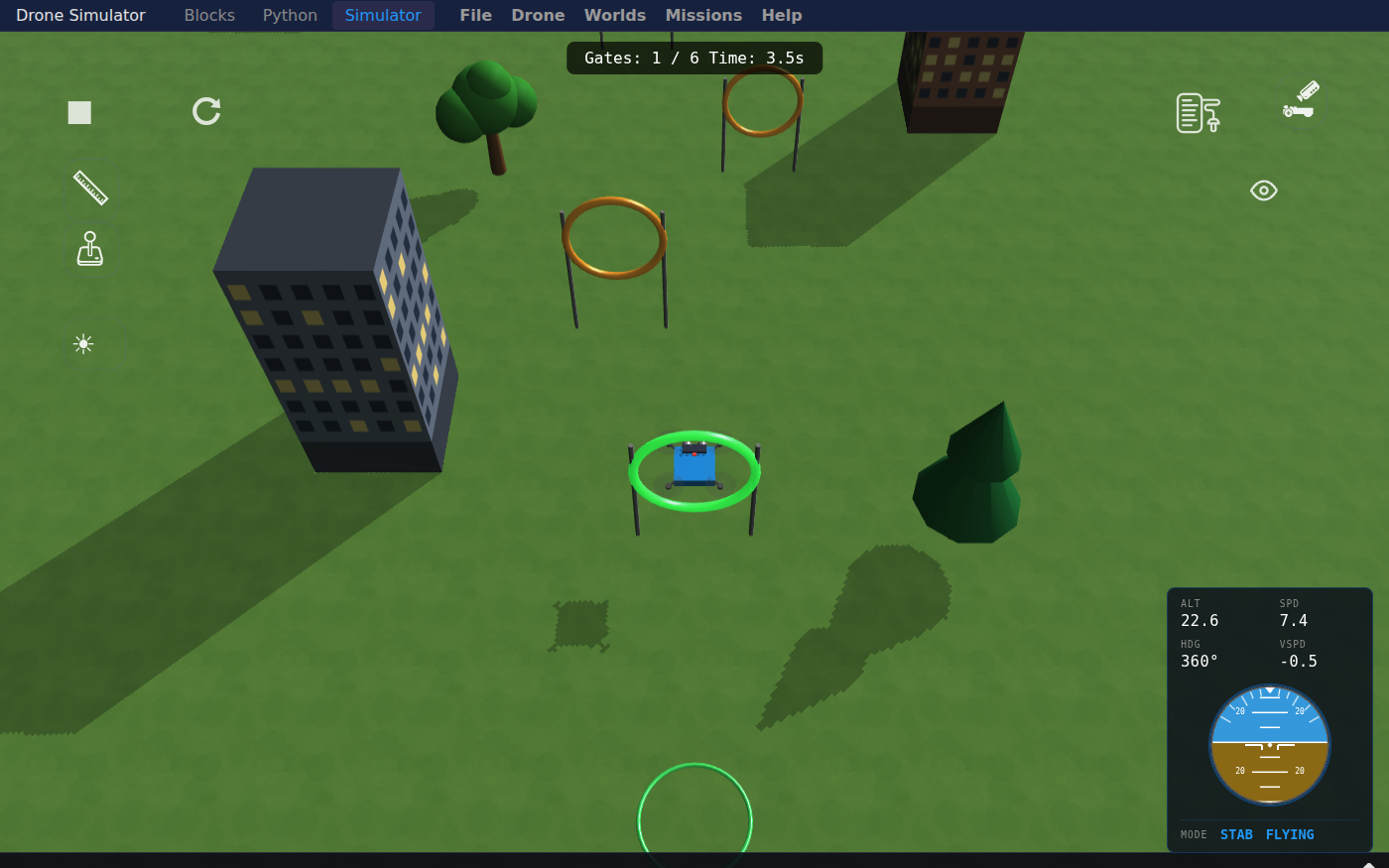 The Drone Simulator's 3D view of the Gate Race: a blue quadcopter inside the first ring, which has just turned green, with more orange rings, trees and two buildings ahead. The counter at the top reads Gates: 1 / 6, and a flight panel in the corner shows altitude 22.2, speed and an artificial horizon.